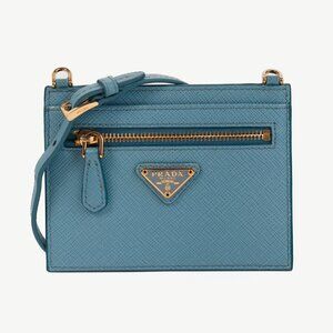 Prada Blue Saffiano Leather Shoulder-Strap Card Holder